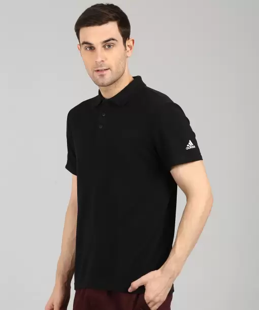 ESS BASE POLO Men Printed Polo Neck Pure Cotton Black T-Shirt